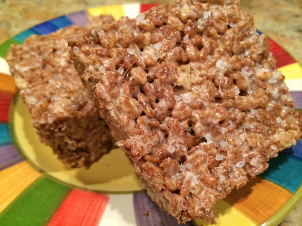 Cocoa-nut Krispie Treats topped with sea salt.