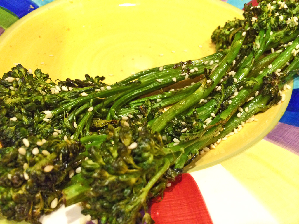Oven roasted broccolini with ginger and sesame seeds.