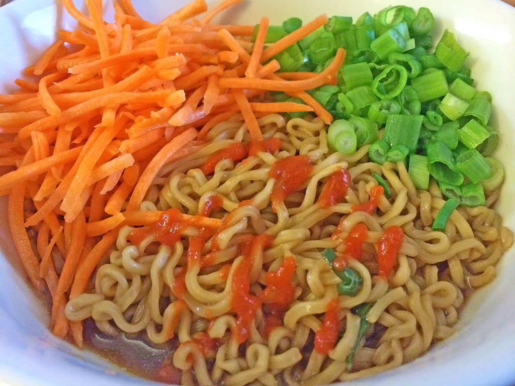 Instant Ramen Noodles in Low Sodium Broth with carrots, green onions, and sriracha.