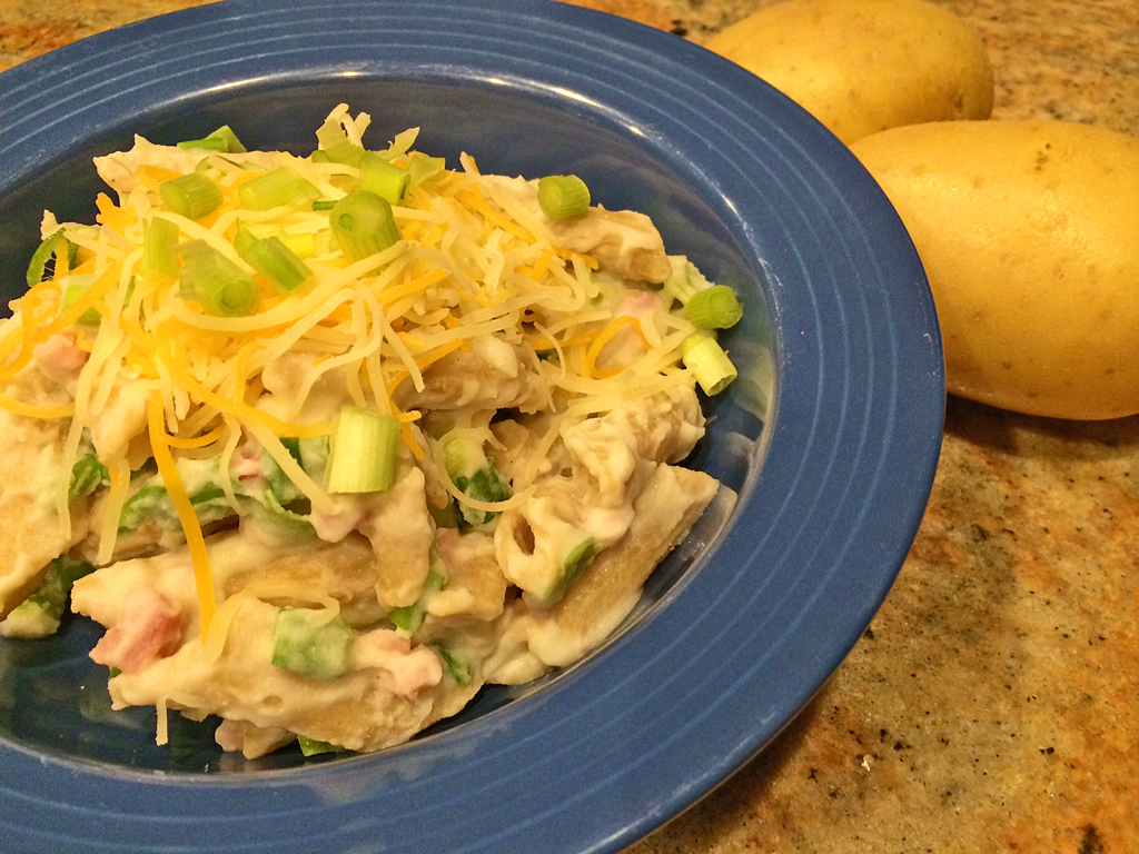 Penne Pasta with Baked Potato Toppings and cheese