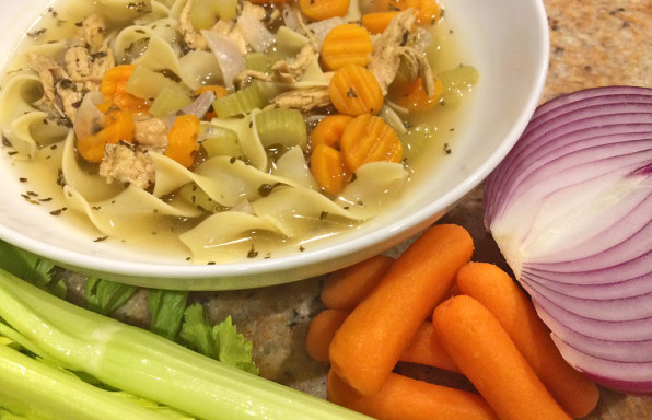 Chicken Egg Noodles with celery, carrots, and onion.