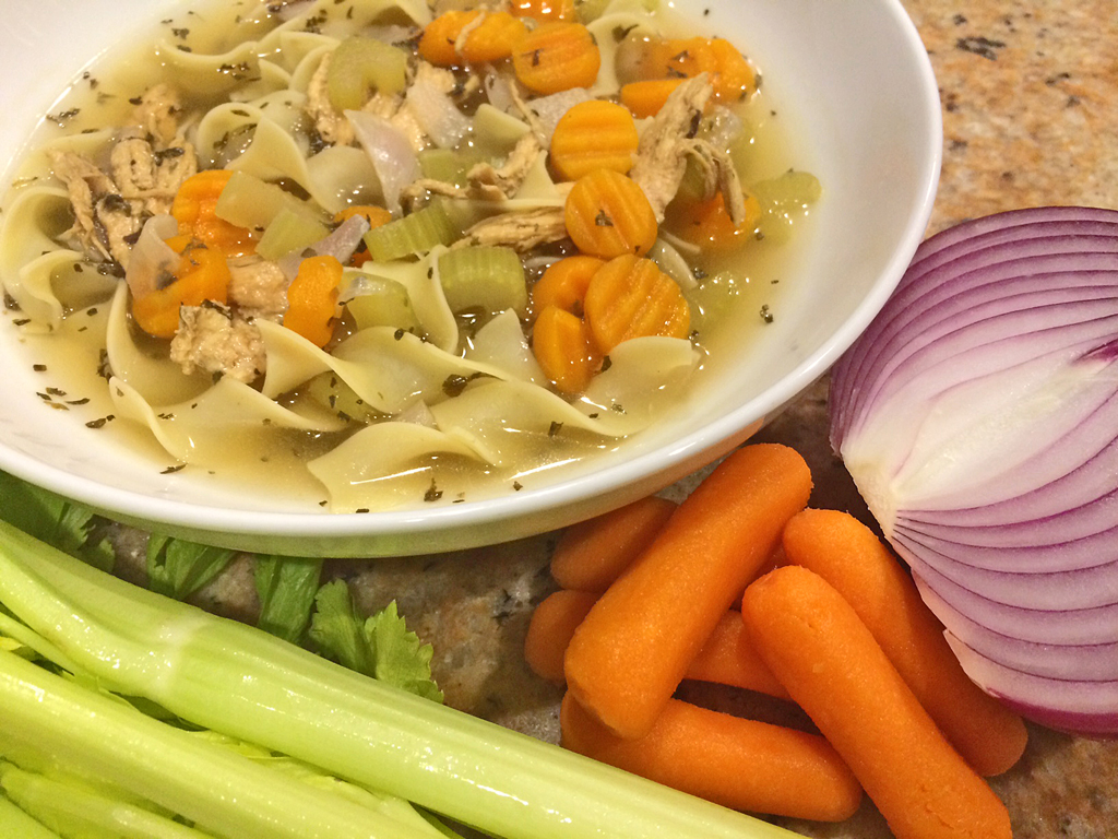 Chicken Egg Noodles with celery, carrots, and onion.