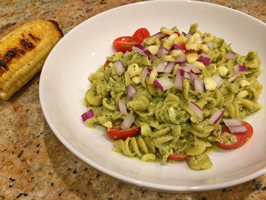 Creamy cilantro chimichurri pasta with veggies.