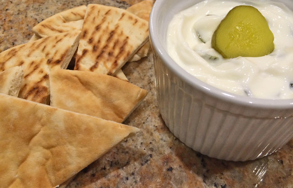 Cucumber Tzatziki made with pickles and greek yogurt with pita bread.