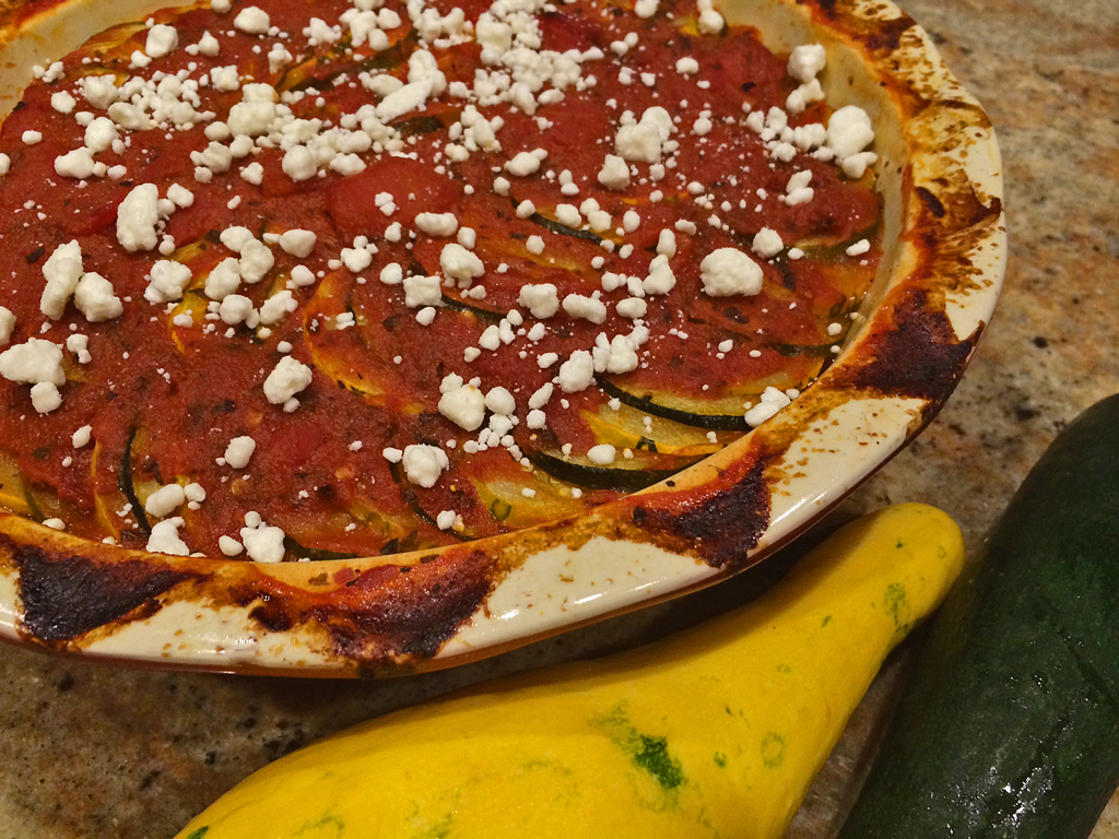 Baked Ratatouille with squash, eggplant, and tomatoes.