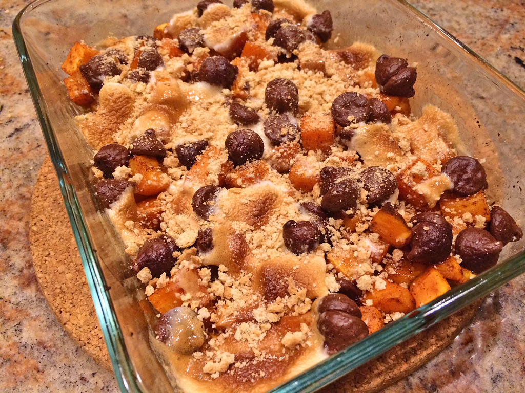 Sweet Potato Dish baked with marshmallows, chocolate chips, and graham cracker.