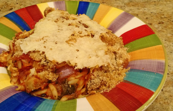 Eggplant Parmesan Casserole with Orzo, breadcrumbs, and cheese.