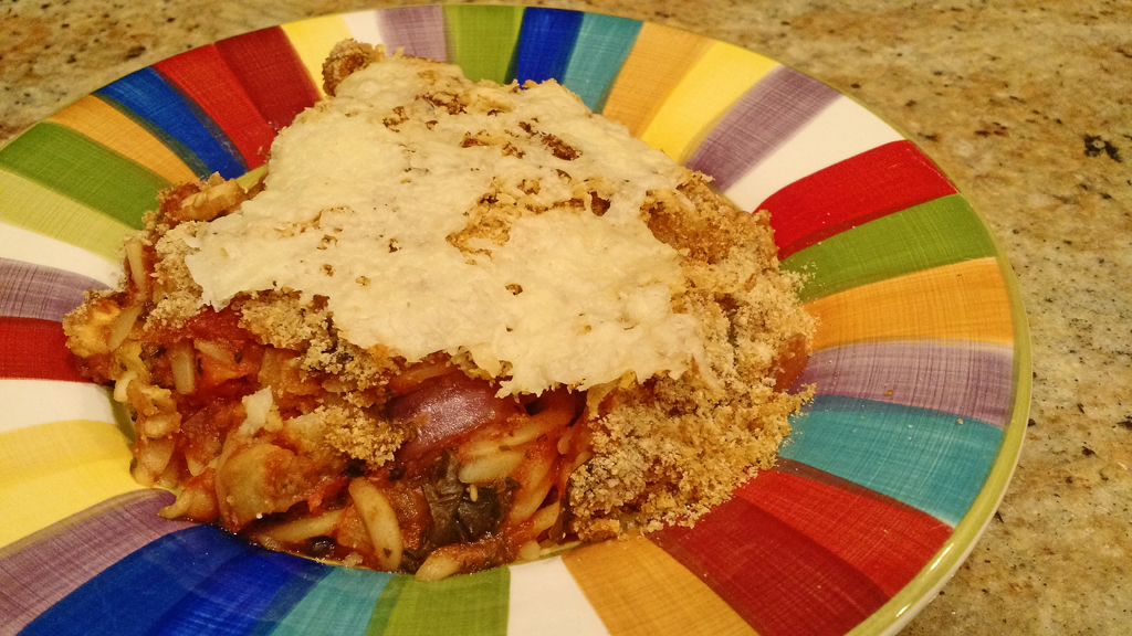 Eggplant Parmesan Casserole with Orzo, breadcrumbs, and cheese.