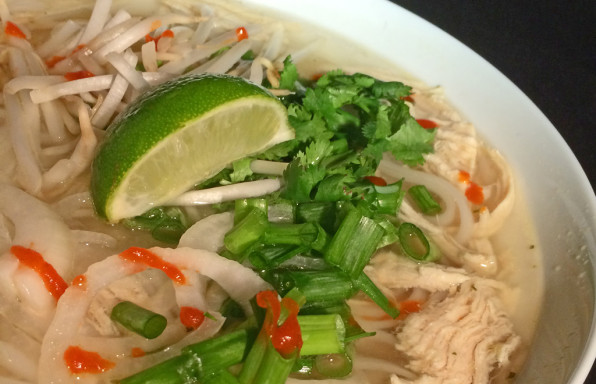 Easy Pho Ga with chicken, green onions, and lime.