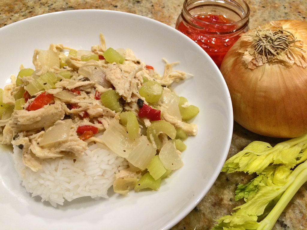 Easy Chicken A La King with celery, onions, pimientos, and rice.